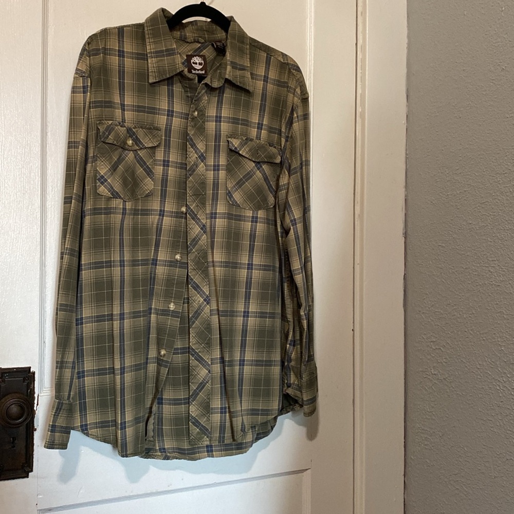 Timberland Men's Olive and Navy Plaid Shirt